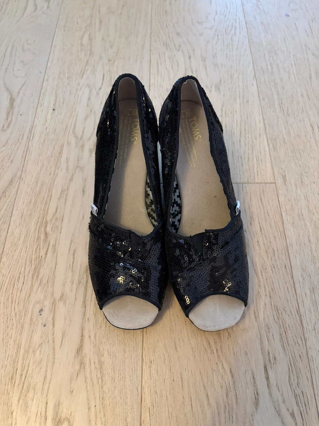 TOMS Black Sequin Peep-Toe Wedges