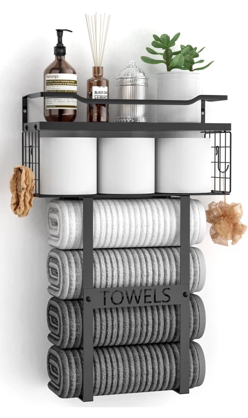 New Wall Mounted Towel Rack with Floating Shelf & Storage Basket