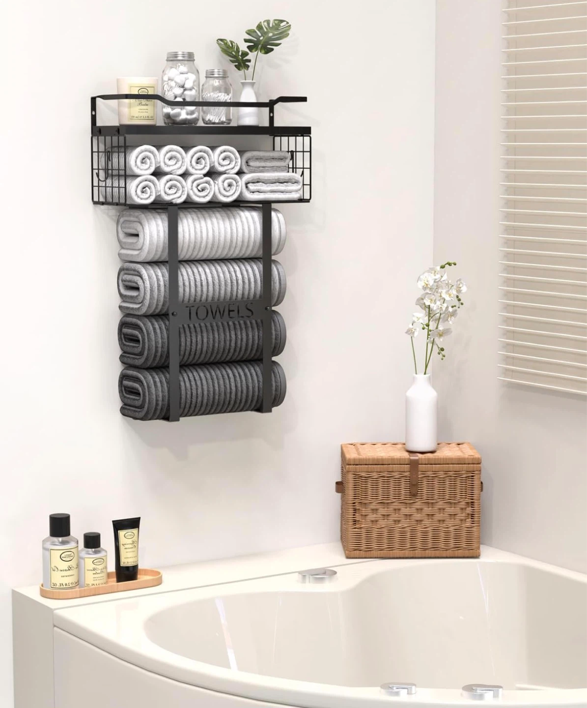New Wall Mounted Towel Rack with Floating Shelf & Storage Basket - photo 2
