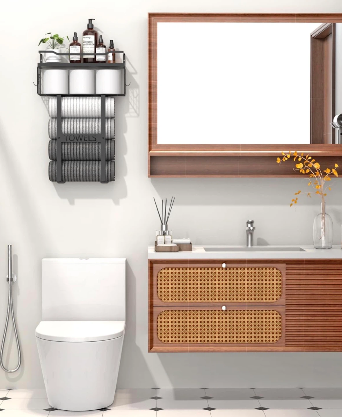 New Wall Mounted Towel Rack with Floating Shelf & Storage Basket - photo 3