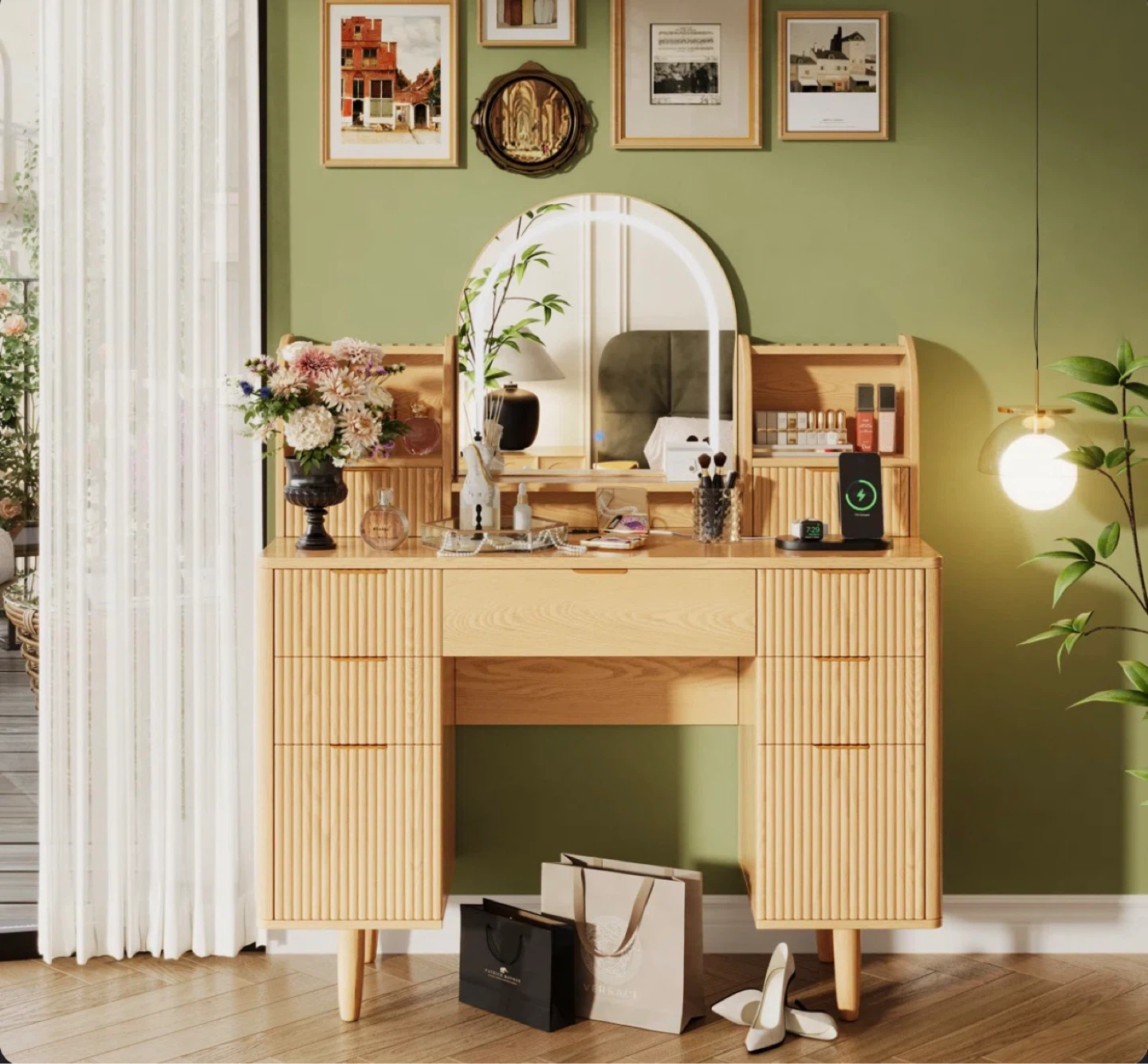 Makeup Vanity with Lighted Mirror and 7 Drawers