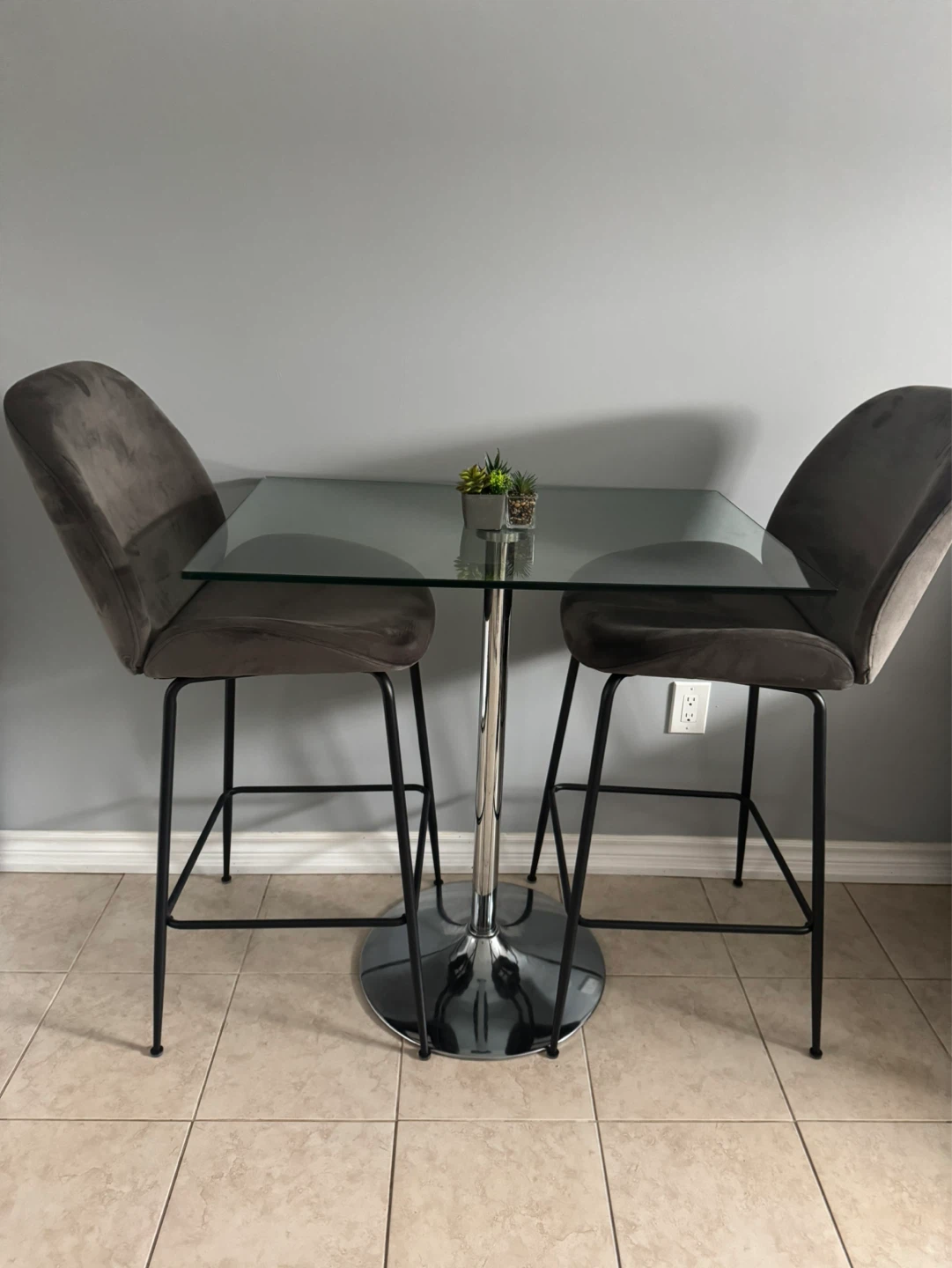 Glass Top Bar Table with 2 Grey Velvet Stools