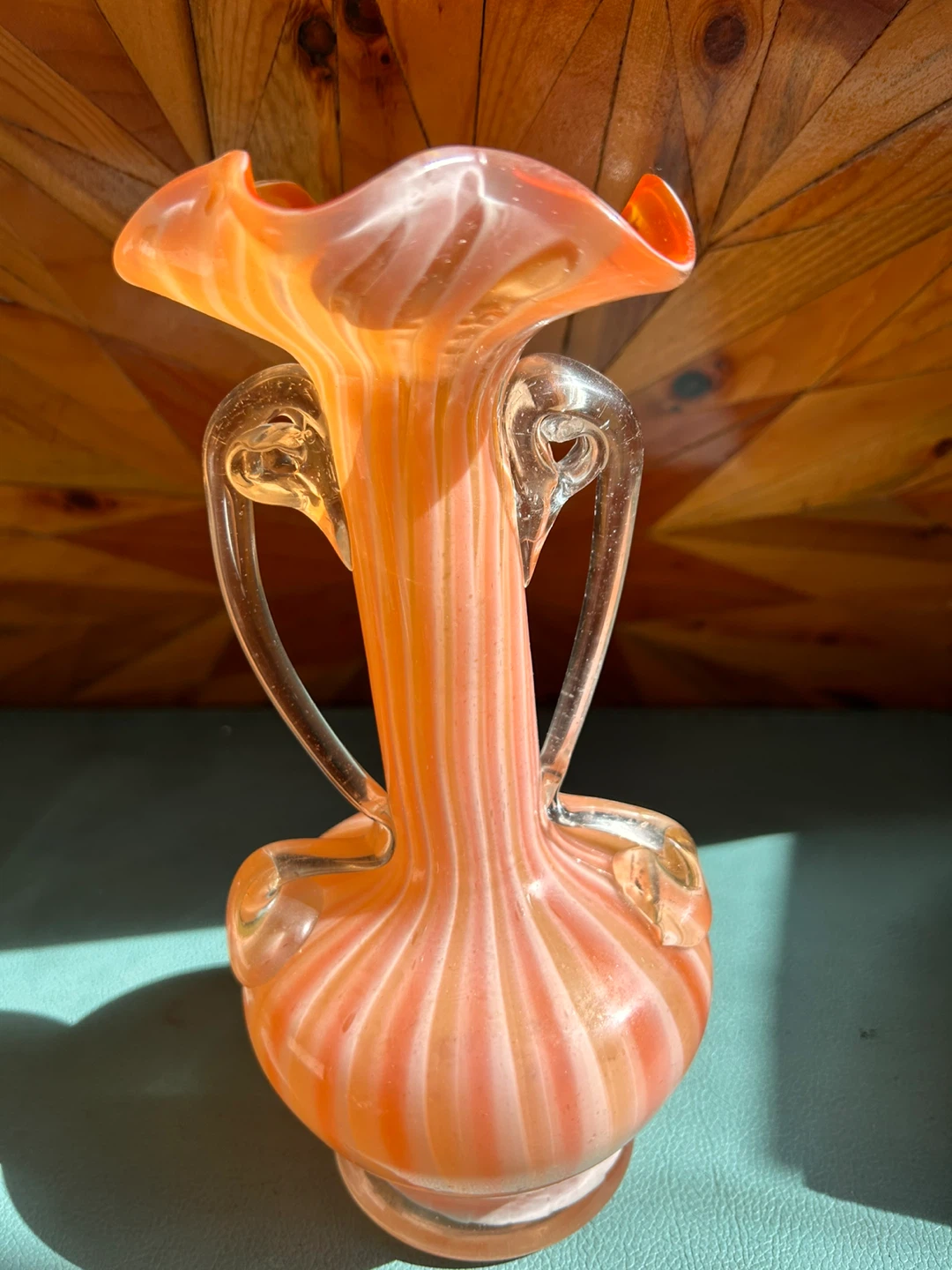 Orange Swirl Glass Vase with Handles