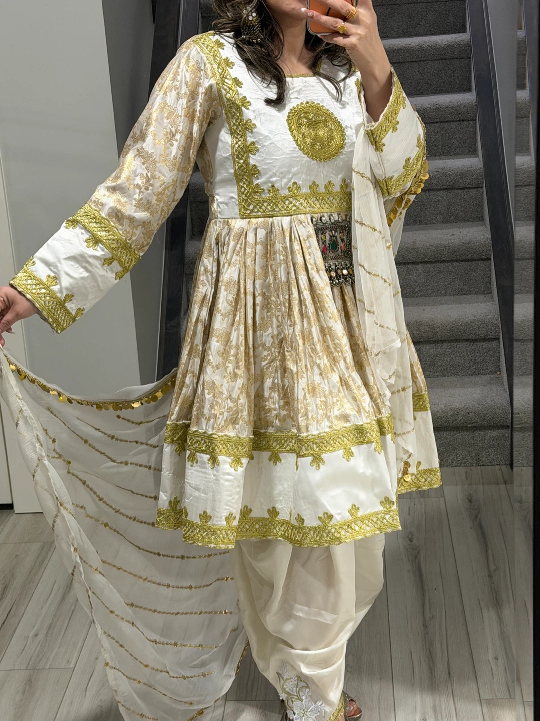White and Gold Embroidered Afghan Dress with Dupatta - photo 2