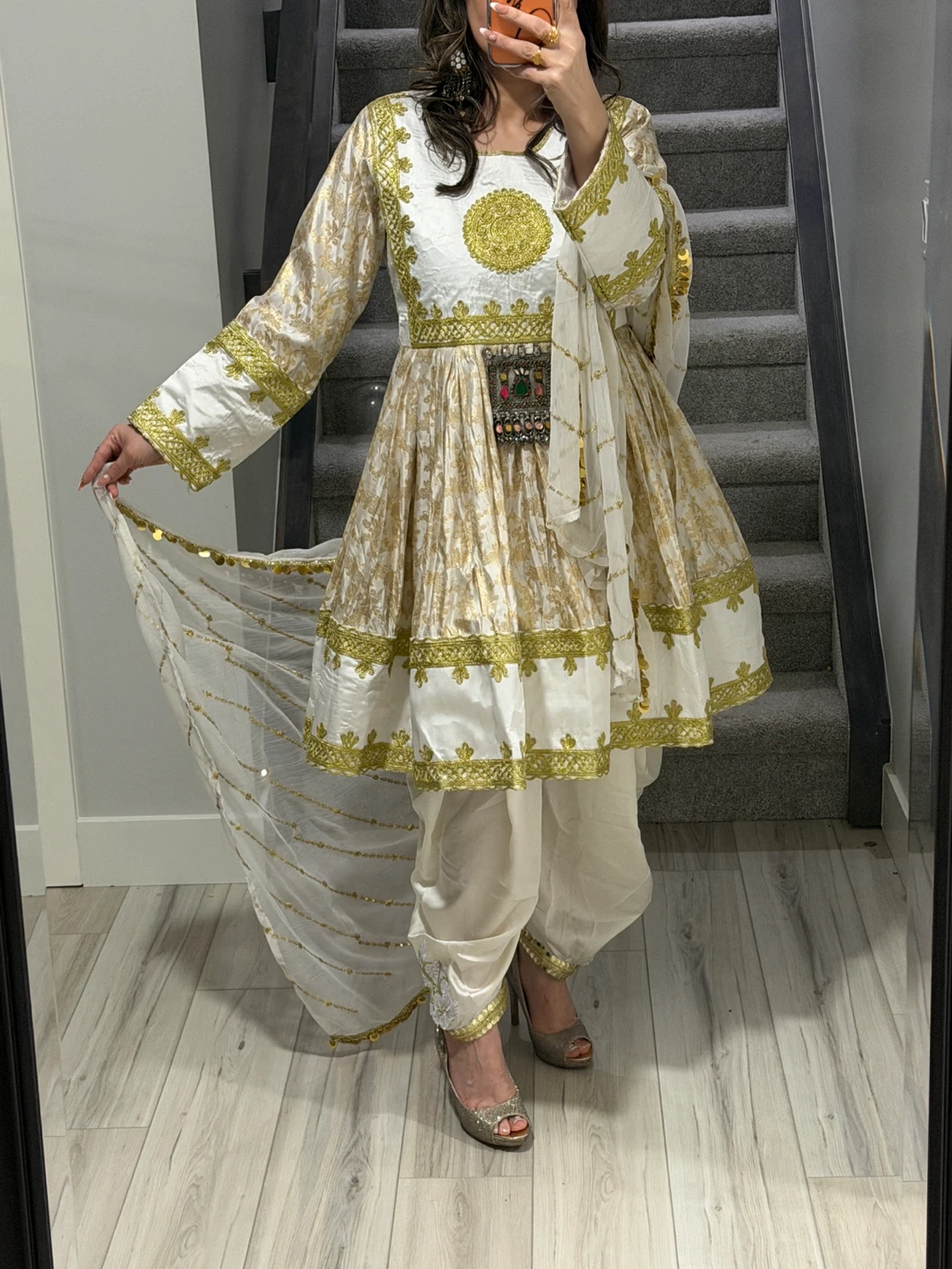 White and Gold Embroidered Afghan Dress with Dupatta - photo 3