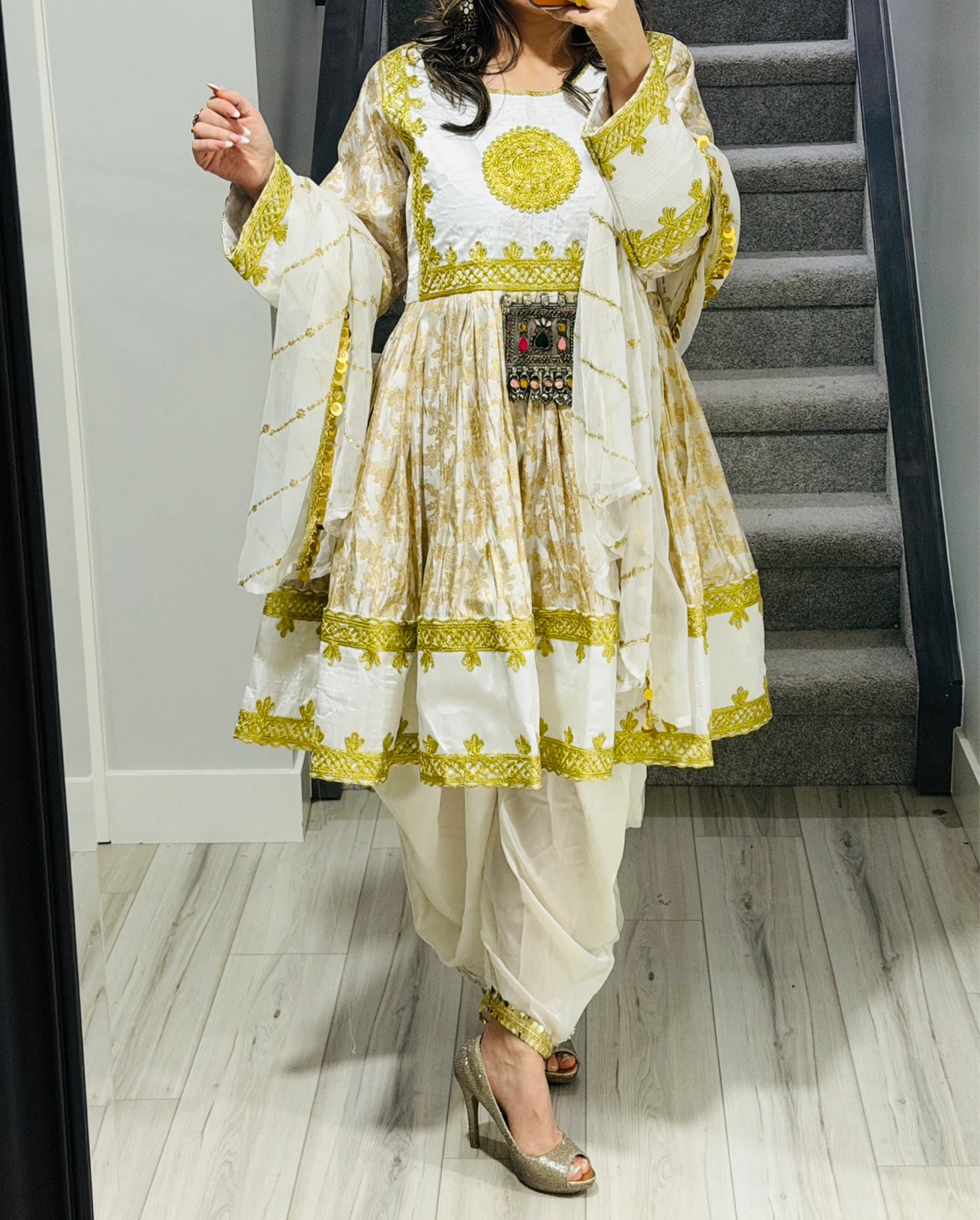 White and Gold Embroidered Afghan Dress with Dupatta