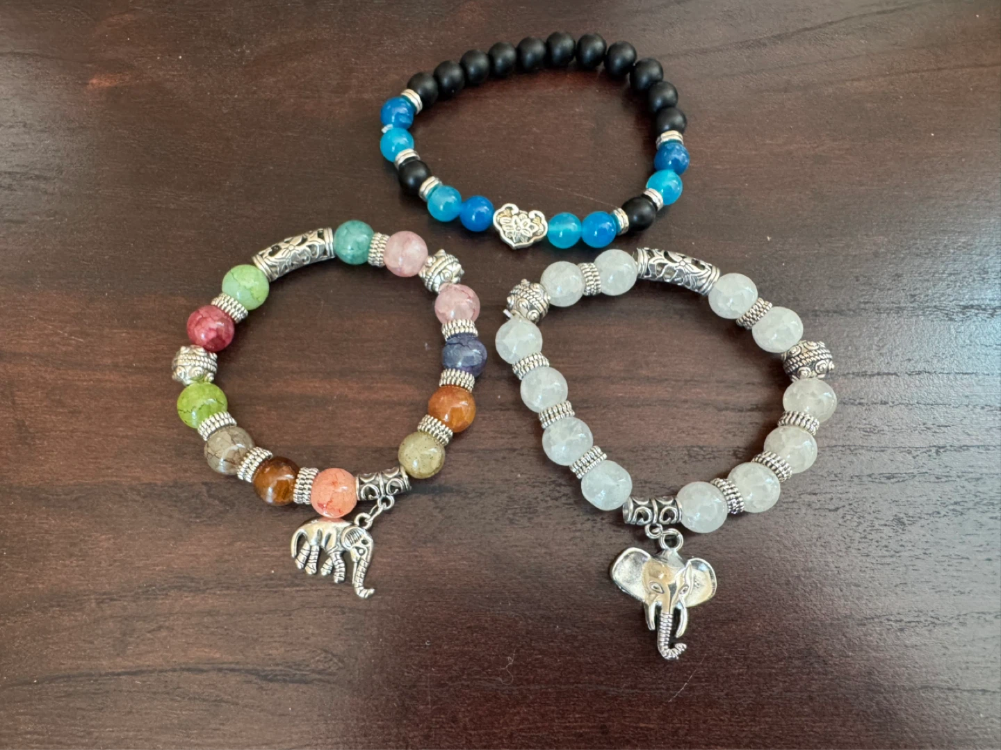 Three Beaded Bracelets with Elephant Charms