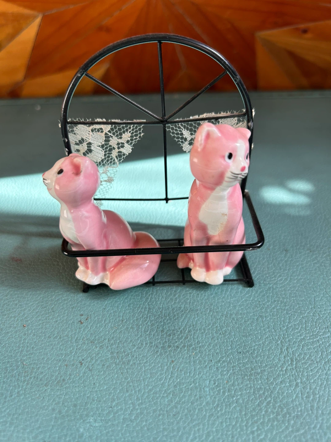 Pink Ceramic Cat Salt and Pepper Shakers with Holder