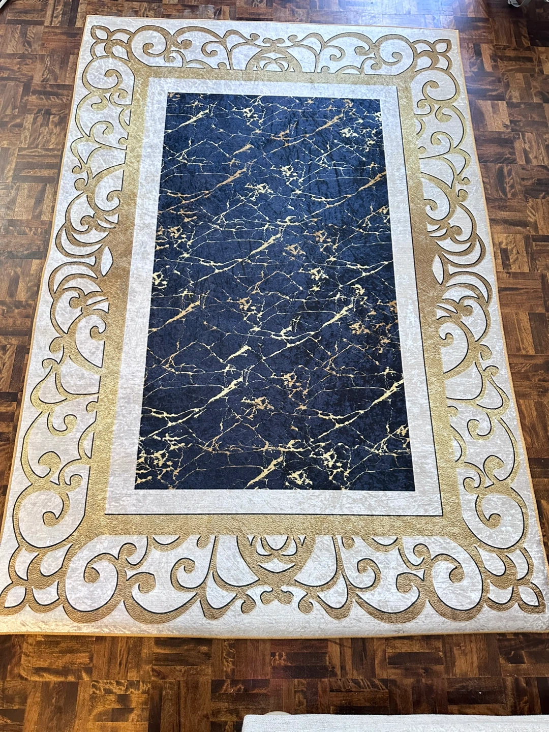 Area Rug - Black Marble Design with Gold Accents