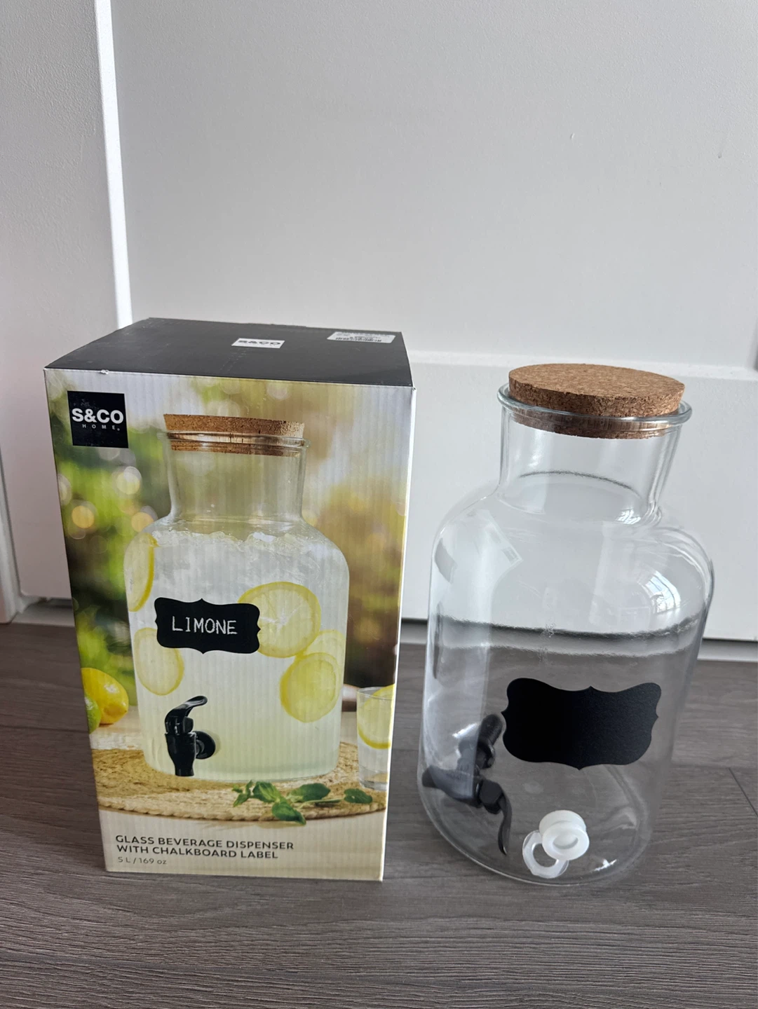 S&CO Home Glass Beverage Dispenser with Chalkboard Label