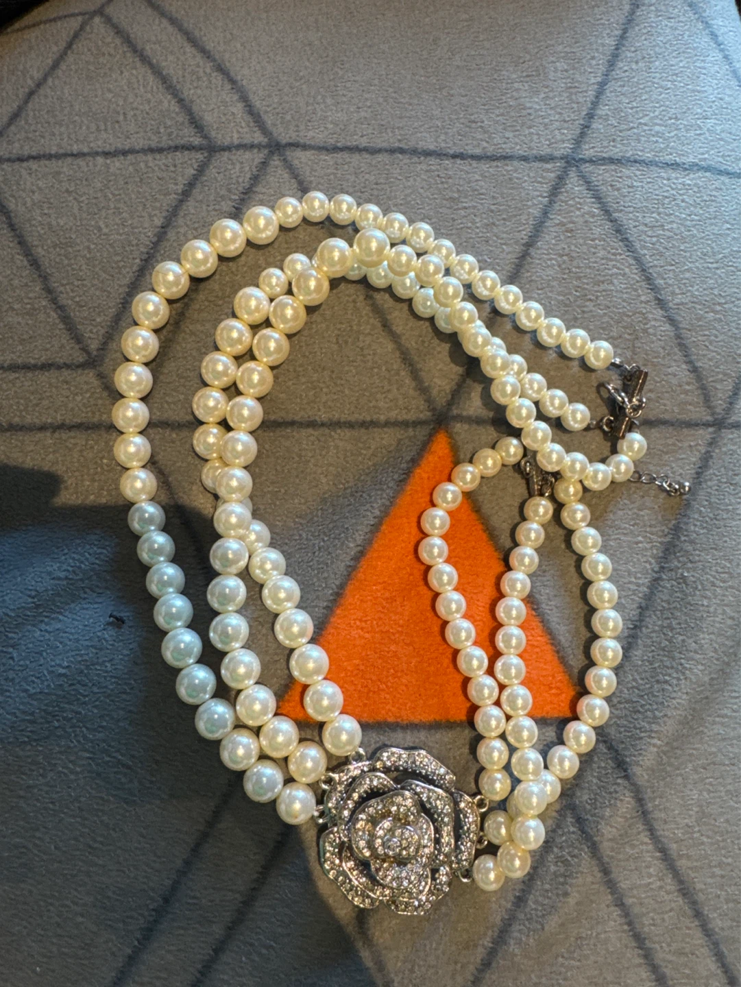 Double Strand Faux Pearl Necklace with Rhinestone Rose Clasp