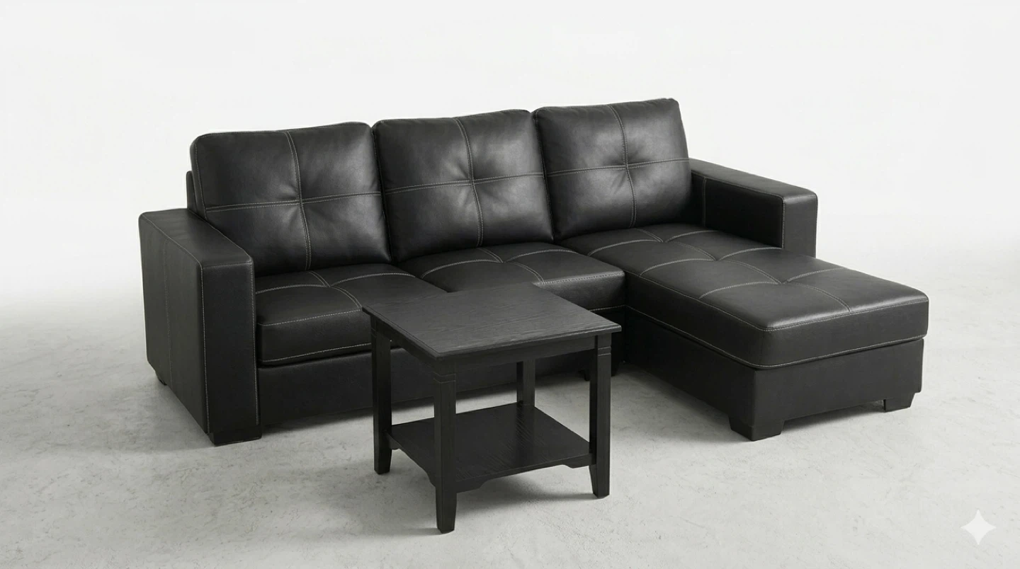 Black Faux Leather Sectional Sofa with Chaise