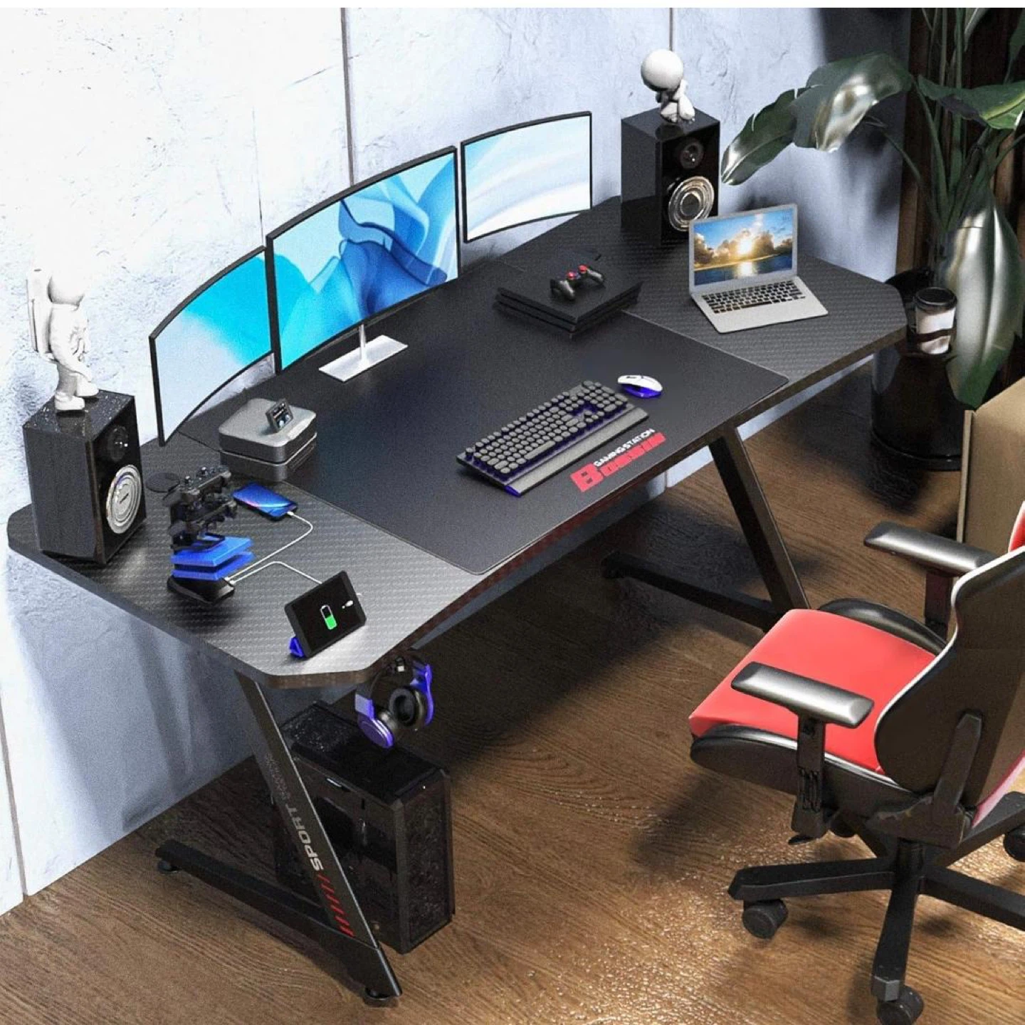 BOSSIN 63” Gaming Desk – Z Shape + Free Mouse Pad (Black)