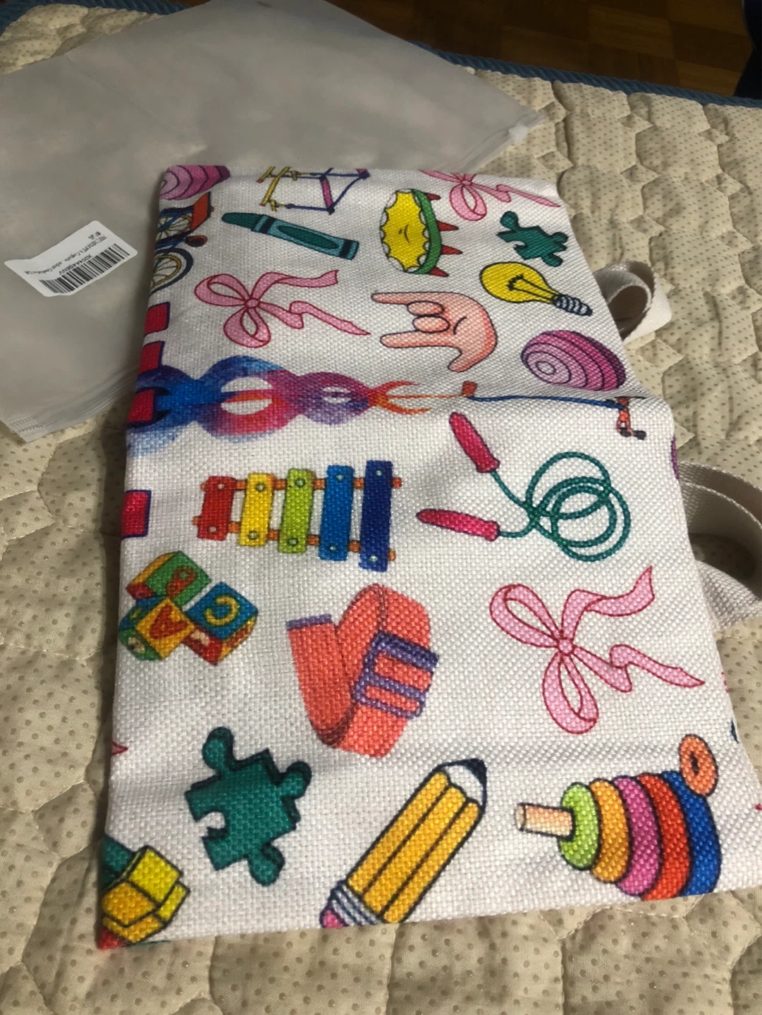 New-White tote bag with kids' school-themed print