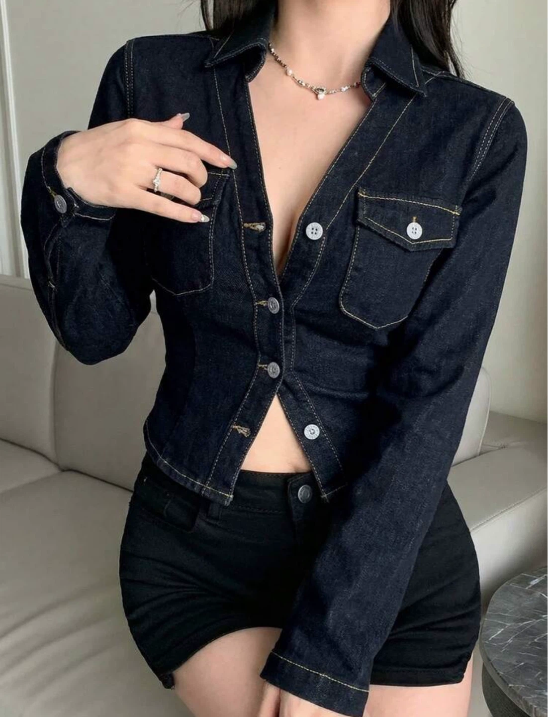 Dark Wash Denim Button-Up Shirt - photo 2