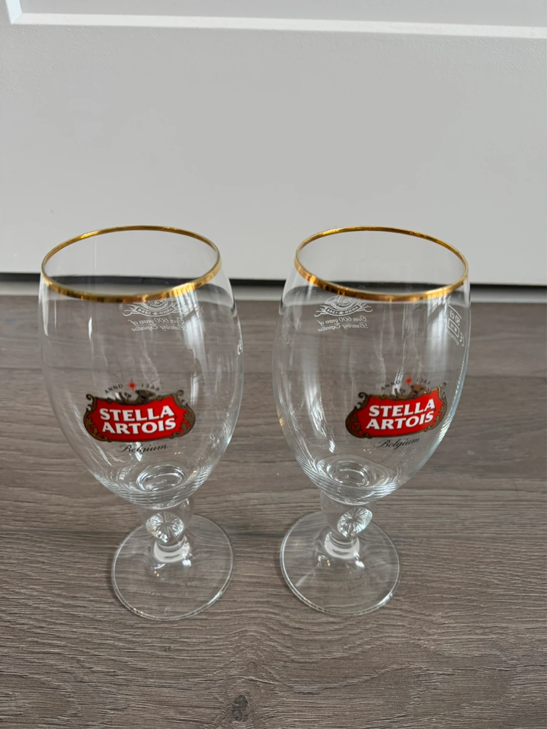 Pair of Stella Artois Beer Glasses with Gold Rim