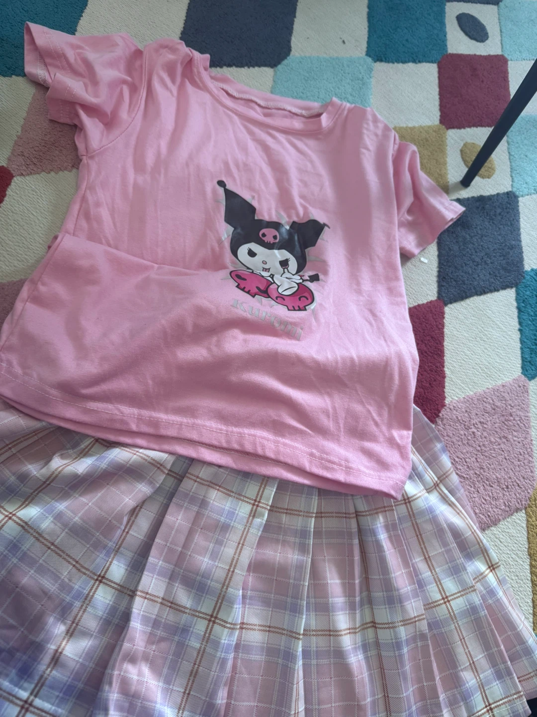 Pink Kuromi T-Shirt and Plaid Skirt Set
