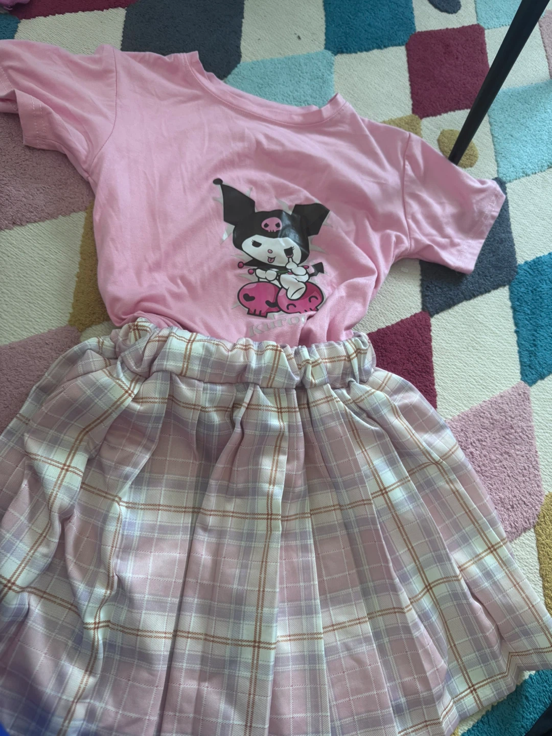 Pink Kuromi T-Shirt and Plaid Skirt Set - photo 2