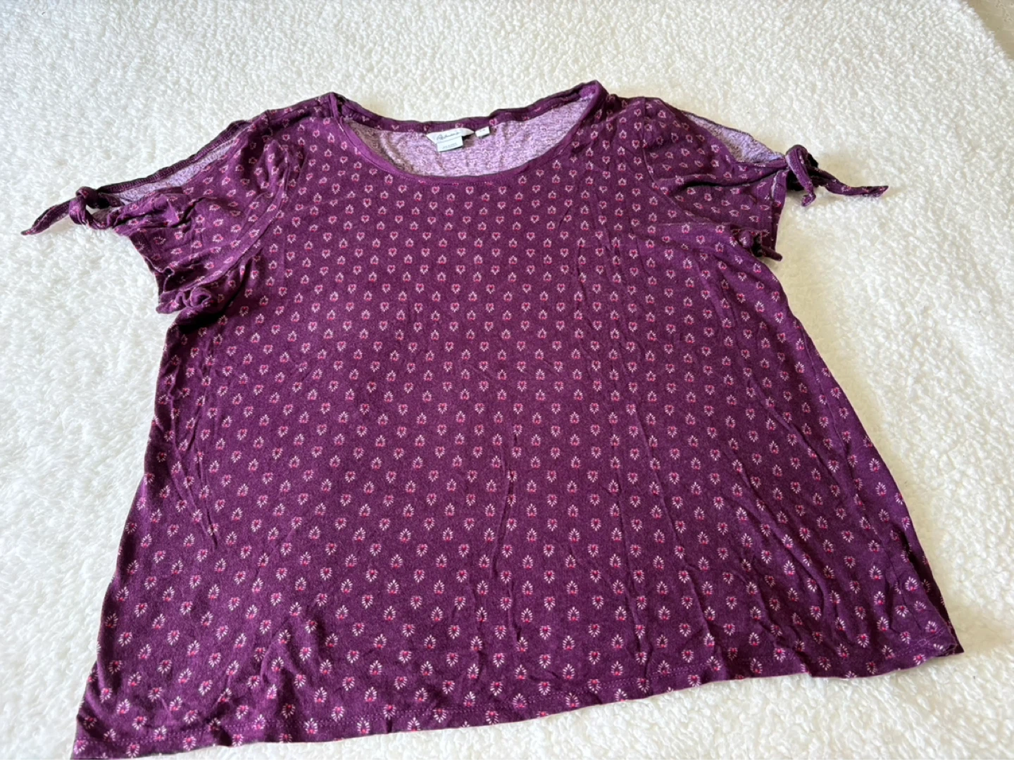Purple floral print short sleeve tie-sleeve top