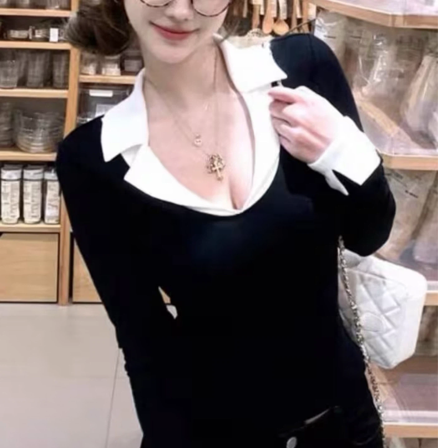 Women's Black and White Collared Long Sleeve Top