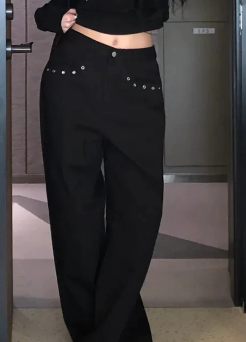 Black Wide Leg Pants with Stud Detail
