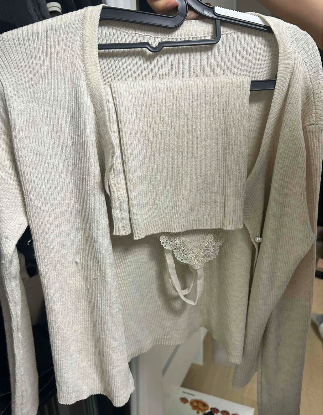 Cream Ribbed Cardigan and Tank Top Set - photo 2