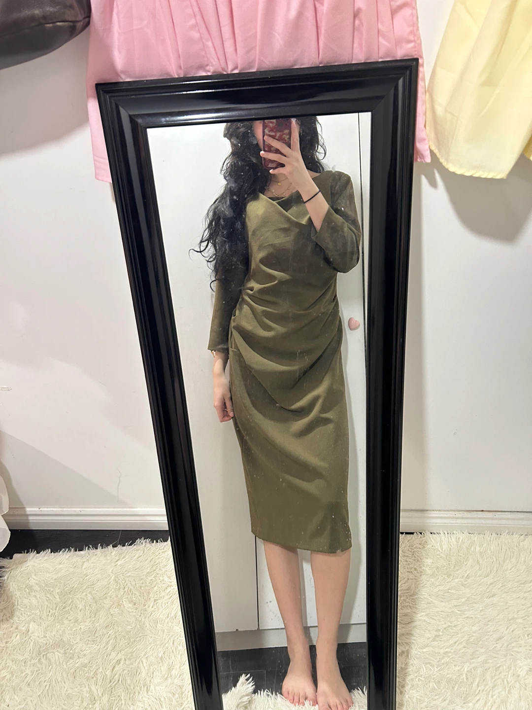 Olive Green Ruched Midi Dress