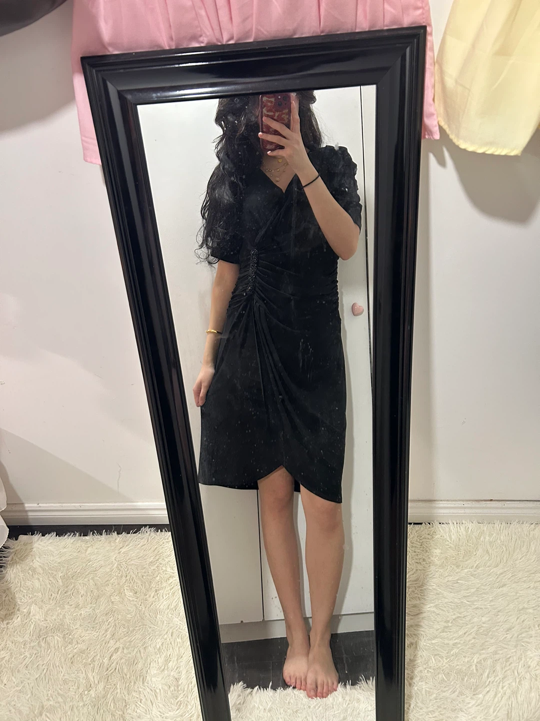 Black Ruched V-Neck Dress