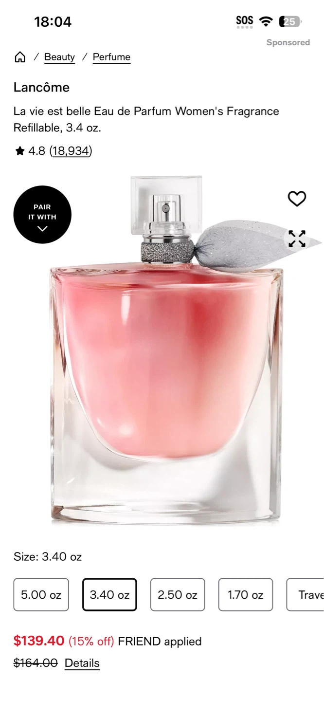 Lancôme La vie est belle Eau de Parfum Refillable, 3.4 oz