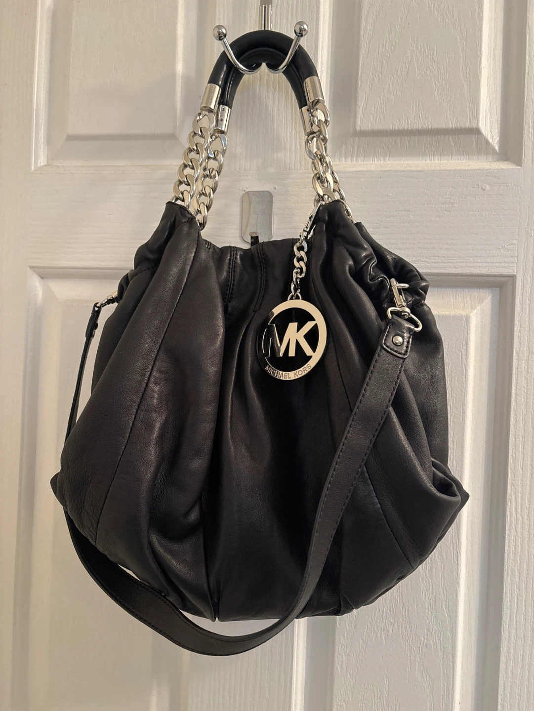 Michael Kors Black Leather Hobo Bag with Chain Detail