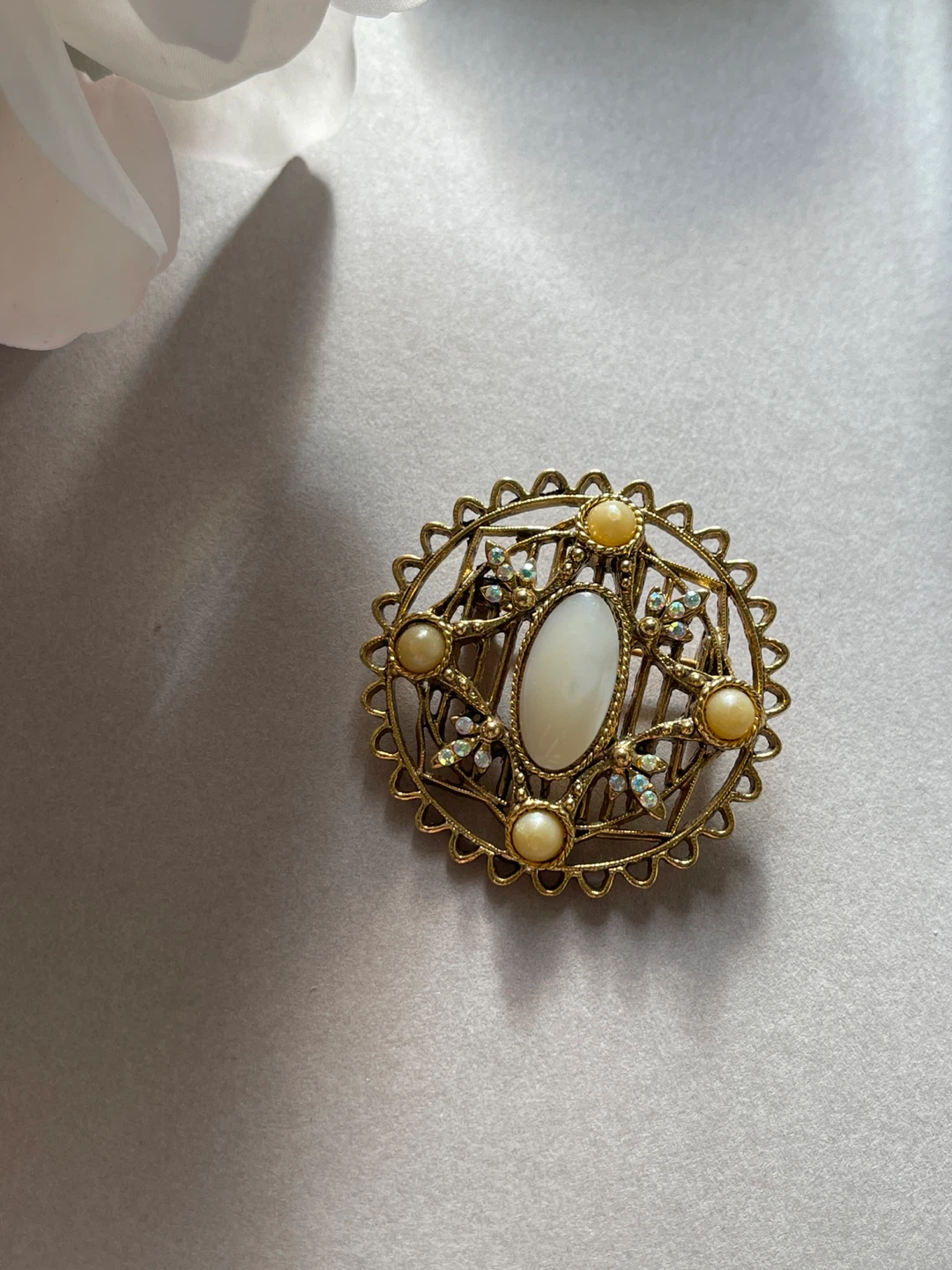 Vintage Ornate Brooch with Faux Pearls and Gemstones - photo 2