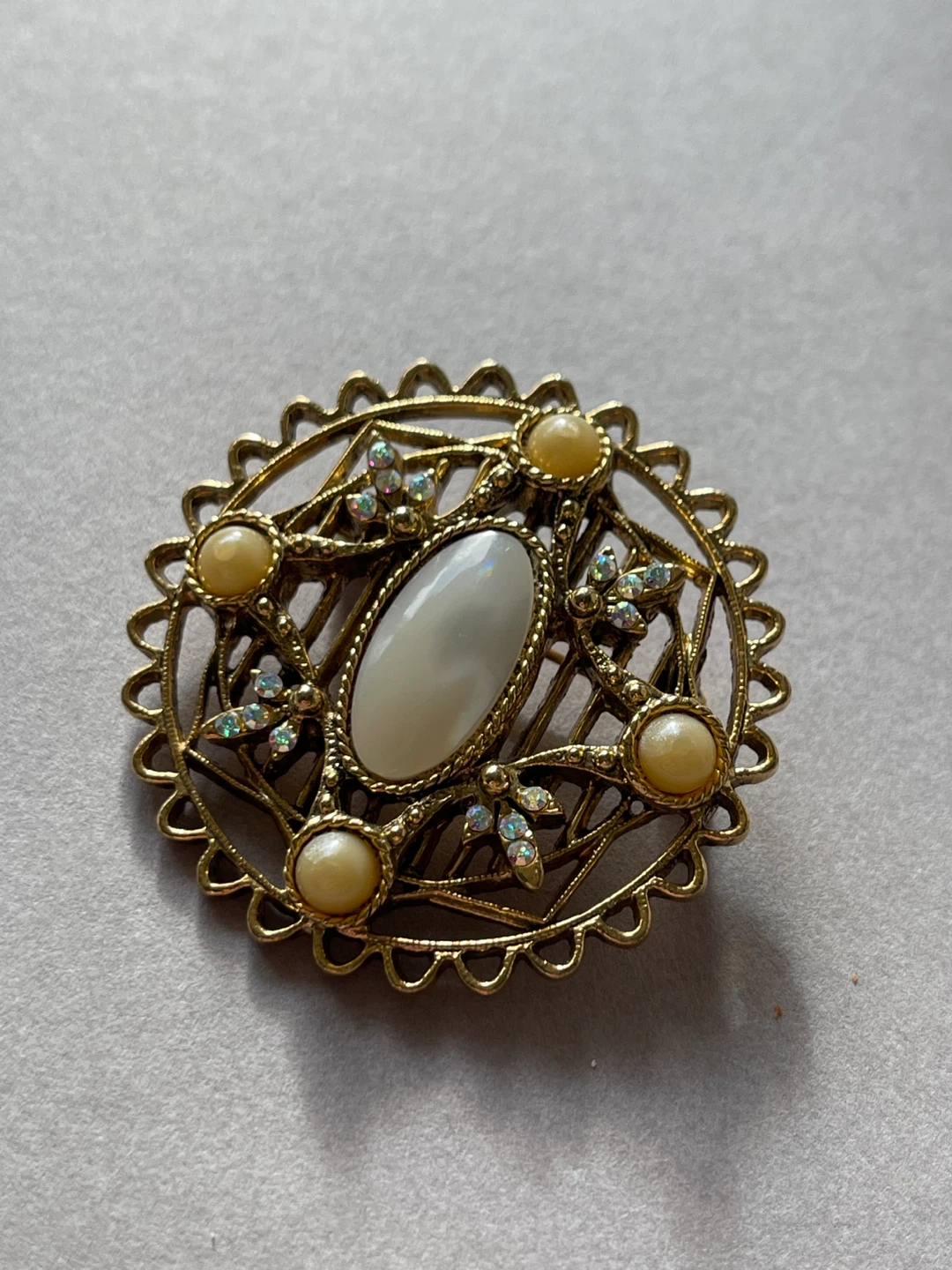 Vintage Ornate Brooch with Faux Pearls and Gemstones - photo 3