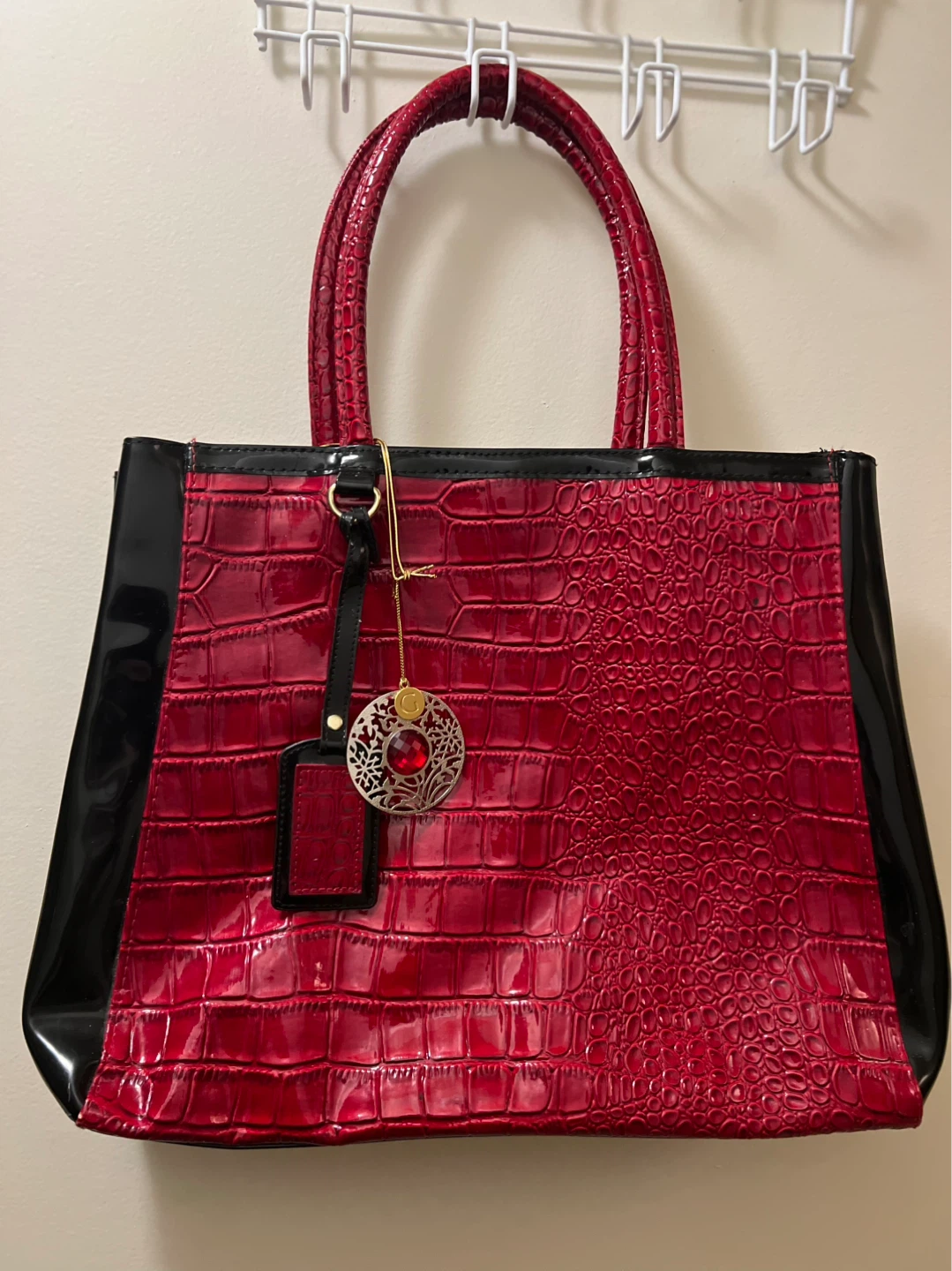 Red and Black Faux Croc Tote Bag