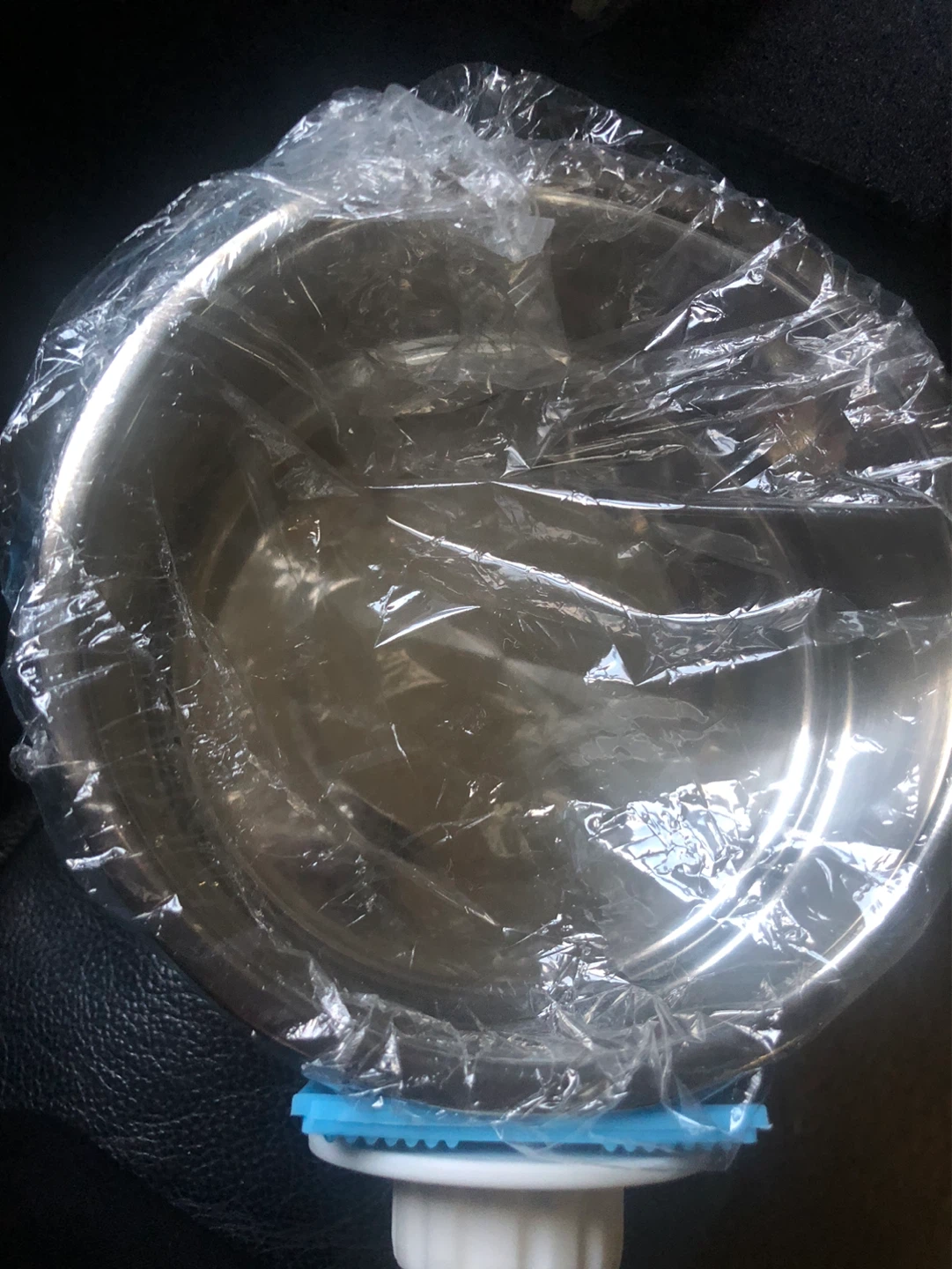 Blue and White Plastic Dispenser with Stainless Steel Bowl