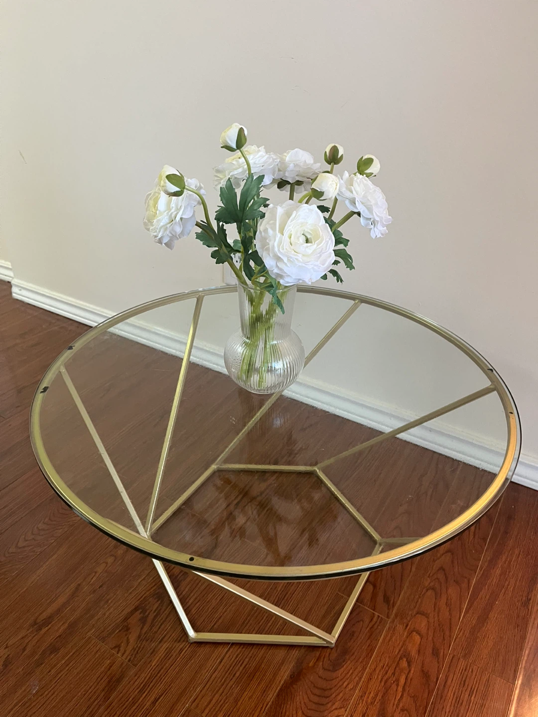 Round Glass Coffee Table with Gold Geometric Base