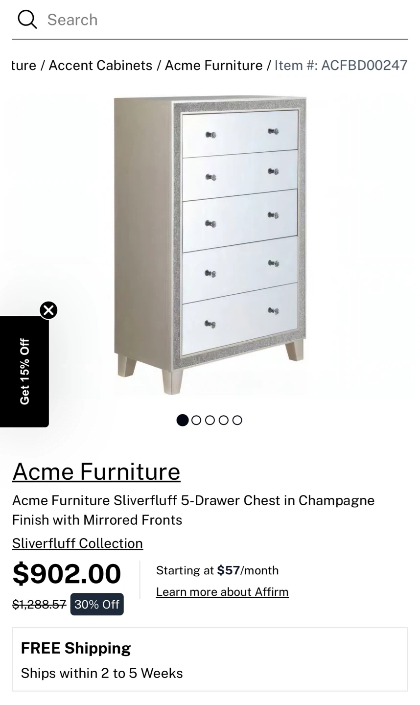 Mirrored 5-Drawer Chest with Crystal Knobs - photo 2