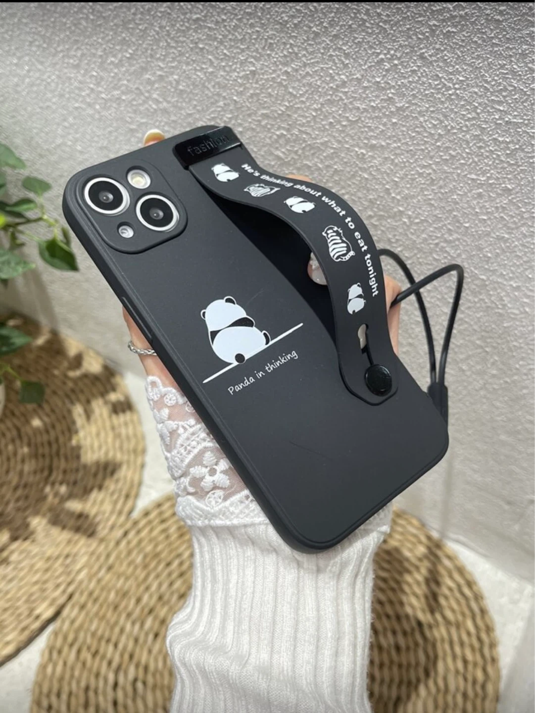 Black iPhone Case with Panda Design and Wrist Strap