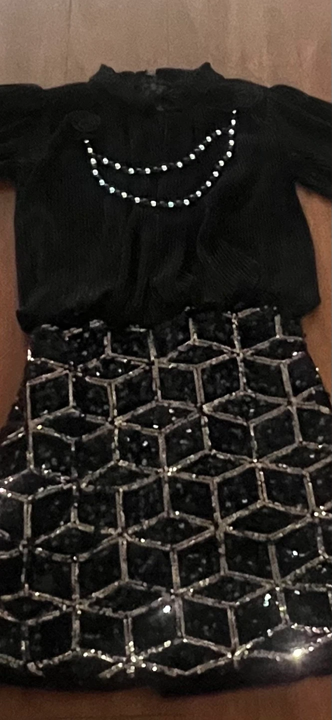 Black Sequined Skirt and Blouse Set with Beaded Necklace