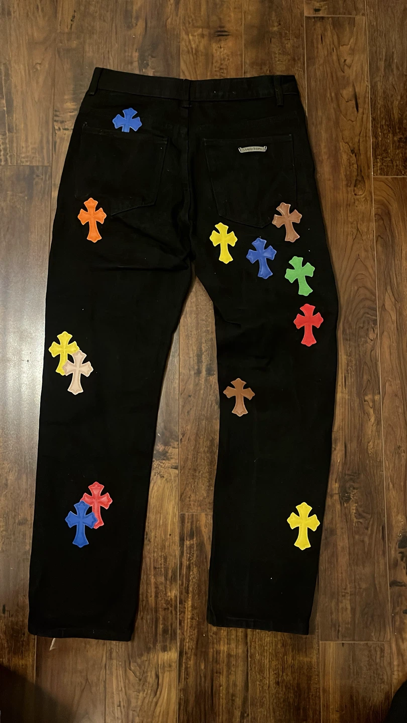 Chrome Hearts Black Denim Jeans with Multicolor Cross Appliqués - photo 2