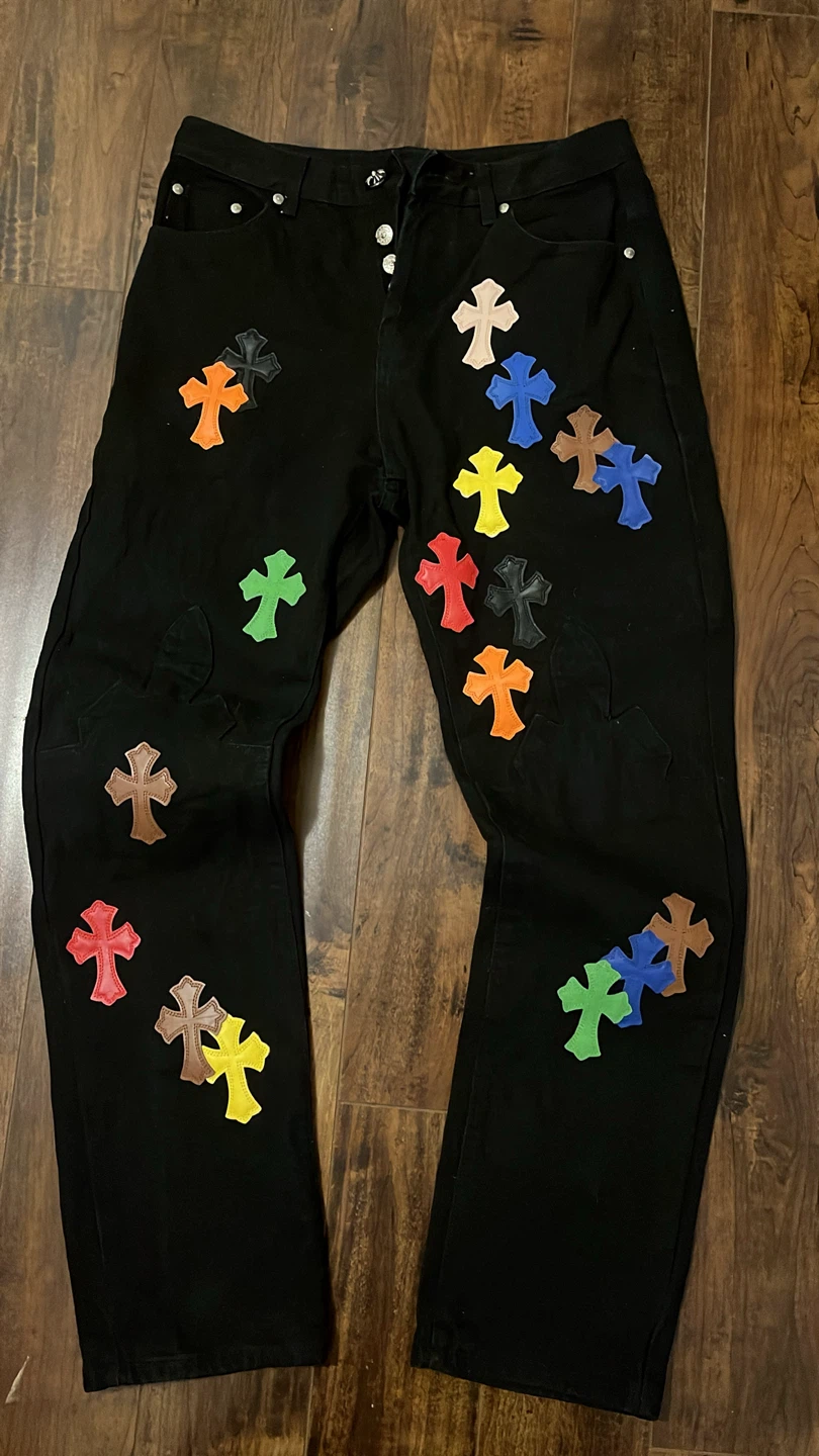 Chrome Hearts Black Denim Jeans with Multicolor Cross Appliqués