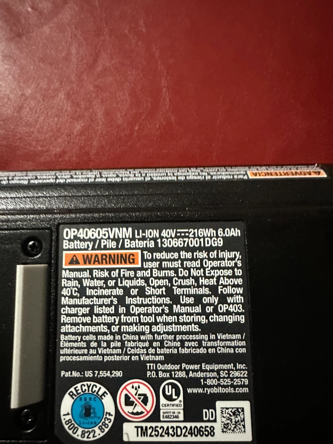 Ryobi 40V Lithium 6.0Ah Battery - photo 2