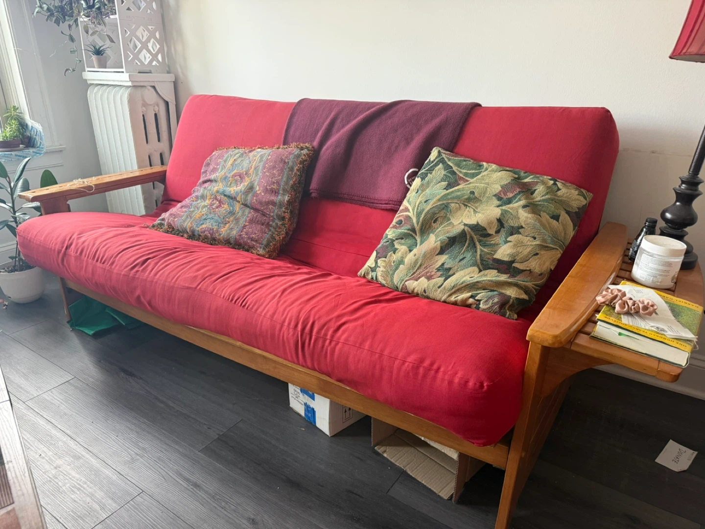 Red Futon Sofa with Wooden Frame - photo 2