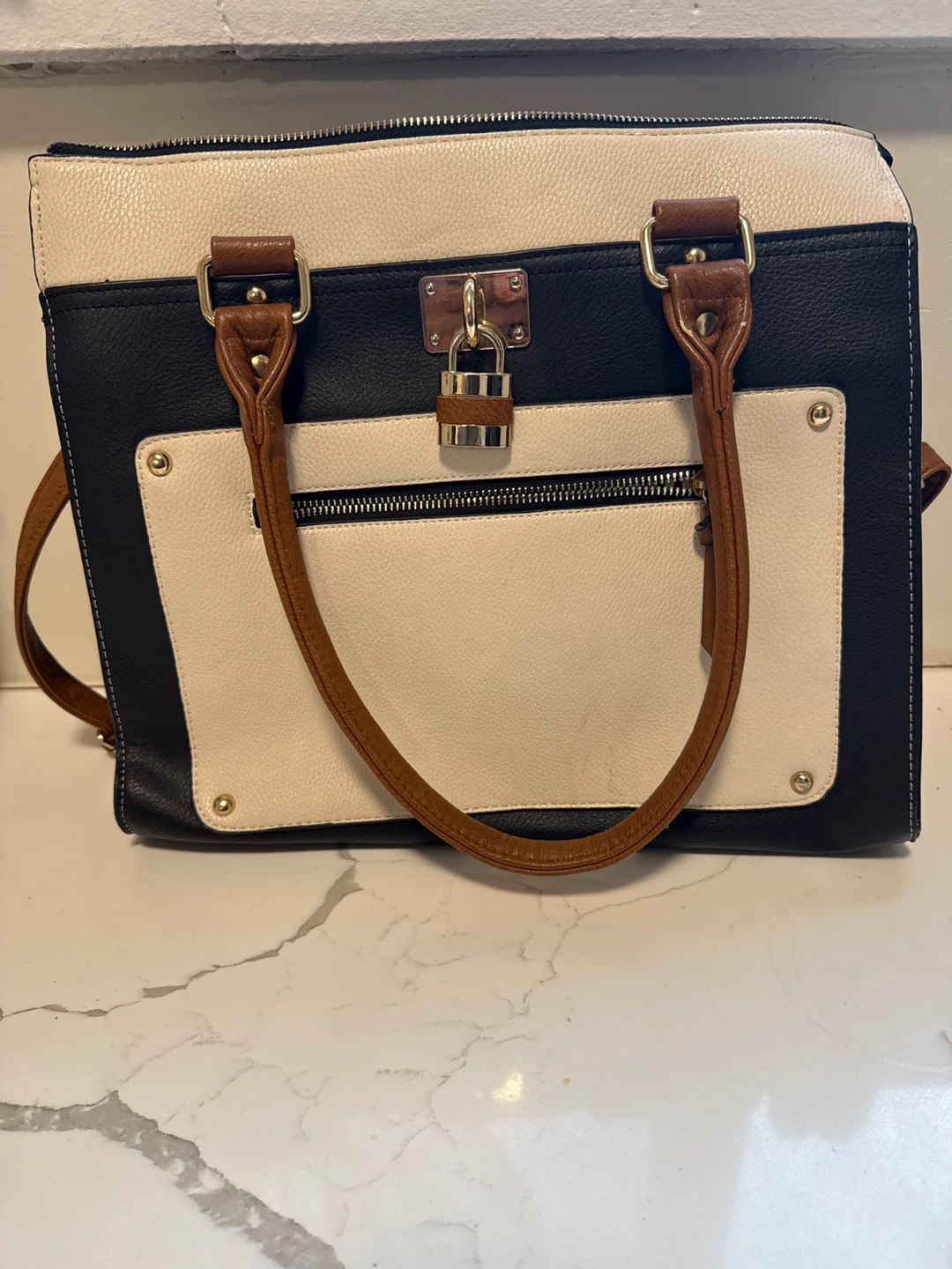 Black, White, and Brown Faux Leather Satchel Handbag