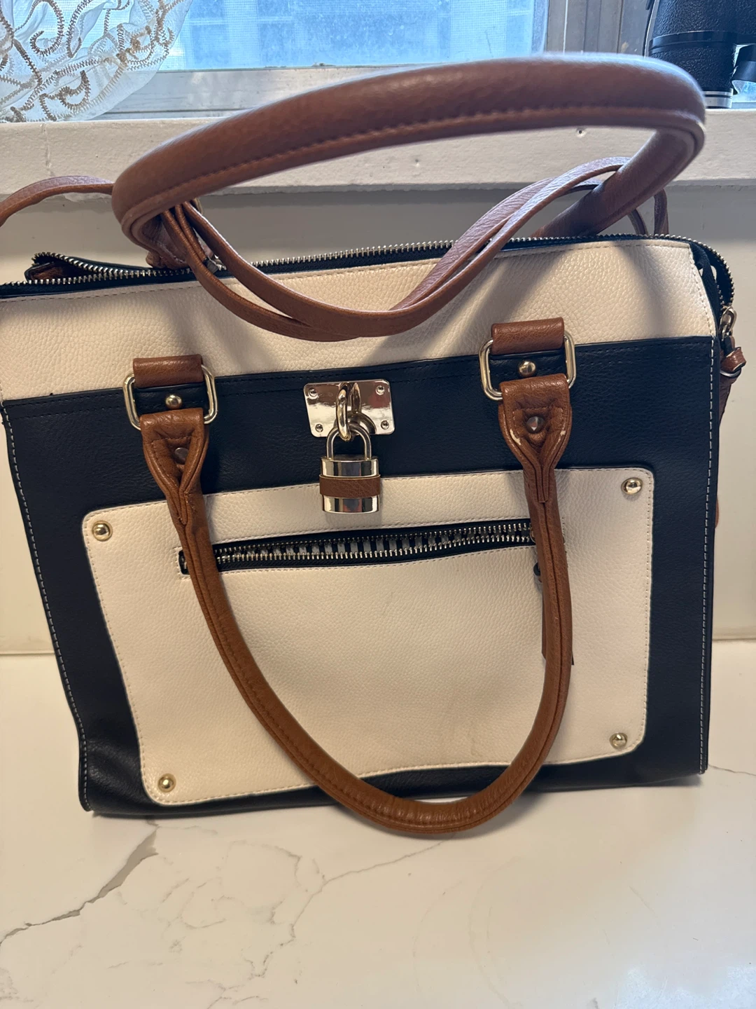Black, White, and Brown Faux Leather Satchel Handbag - photo 4