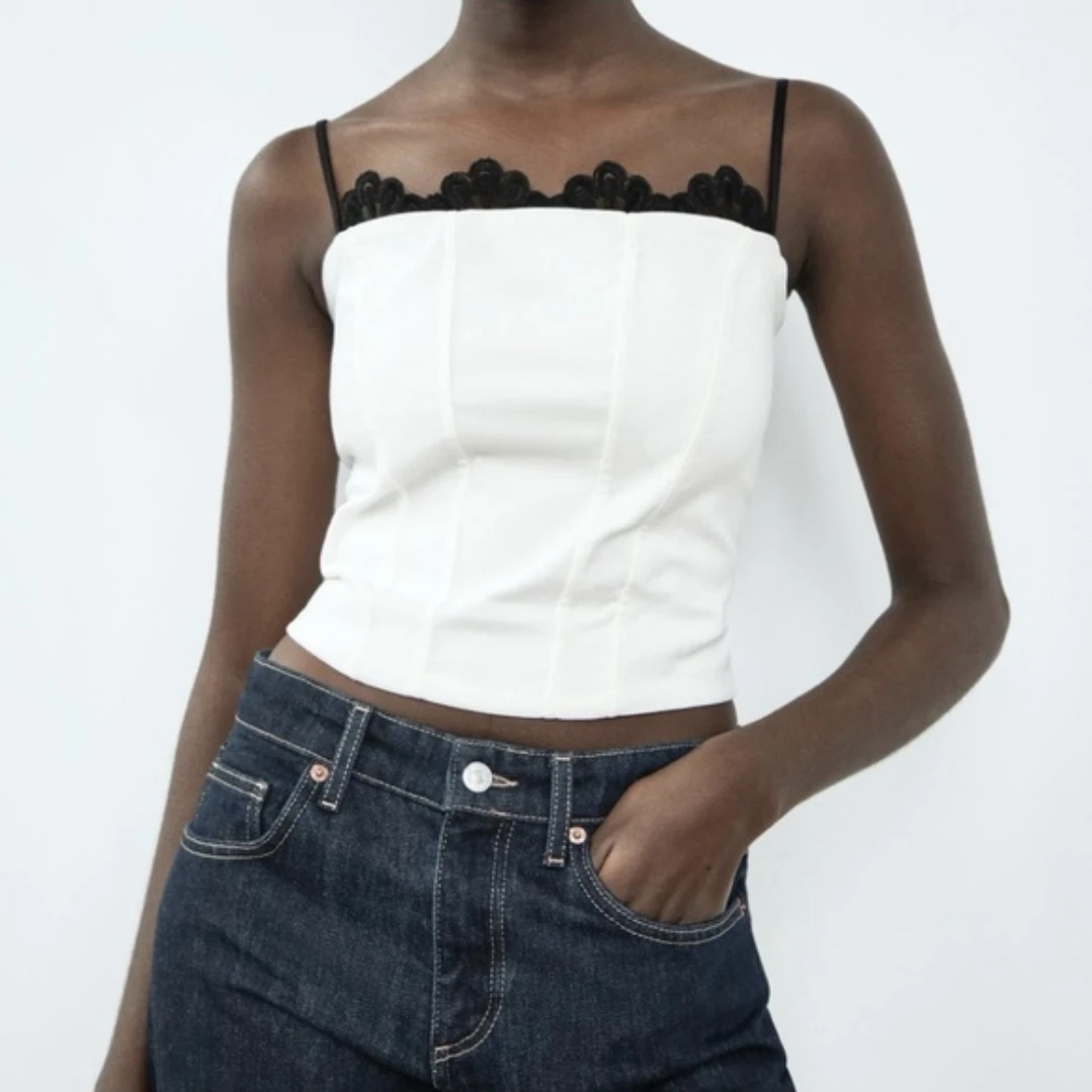 Zara White Corset Top with Black Lace Trim