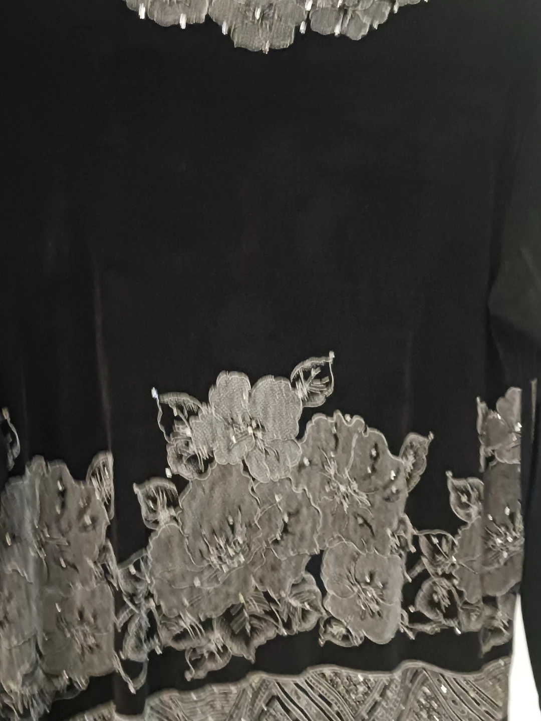 Black Velvet Beaded Floral Long Sleeve Top