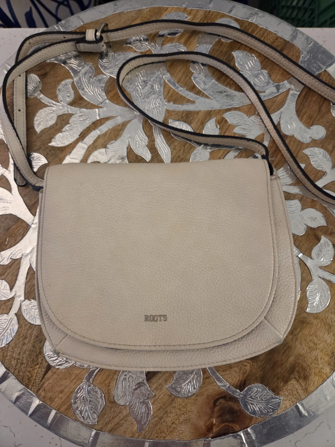 Roots Cream Leather Crossbody Bag