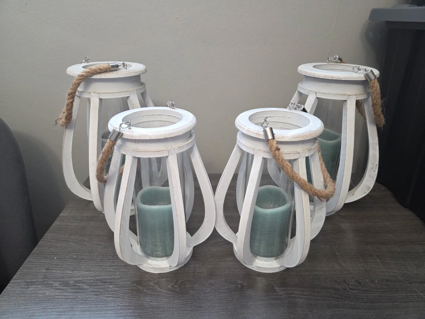 Set of 4 White Wooden Lanterns with Rope Handles