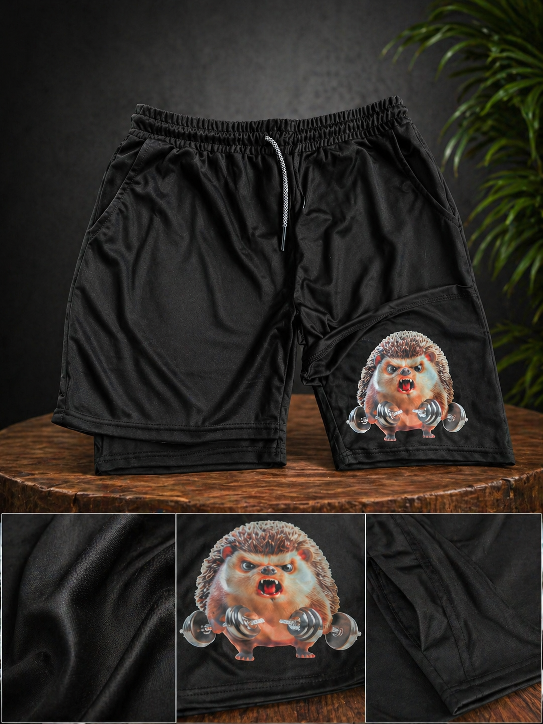Black Mesh Shorts with Grumpy Hedgehog Graphic