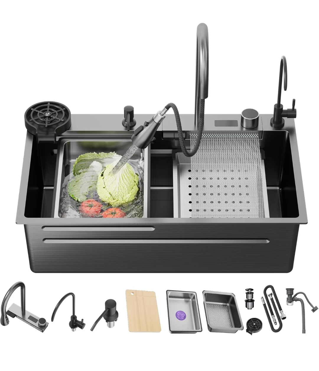 Waterfall Kitchen Sink Package with Faucet, 29.5×18×9